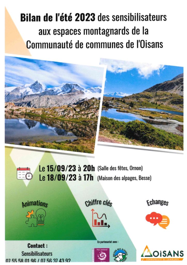 Bilan été 2023 des sensibilisateurs aux espaces montagnardsBilan été 2023 des sensibilisateurs aux espaces montagnards ▪️Vendredi 15 septembre 2023 à 20h00 à la Salle Louis Fiat – La Poyat – Ornon